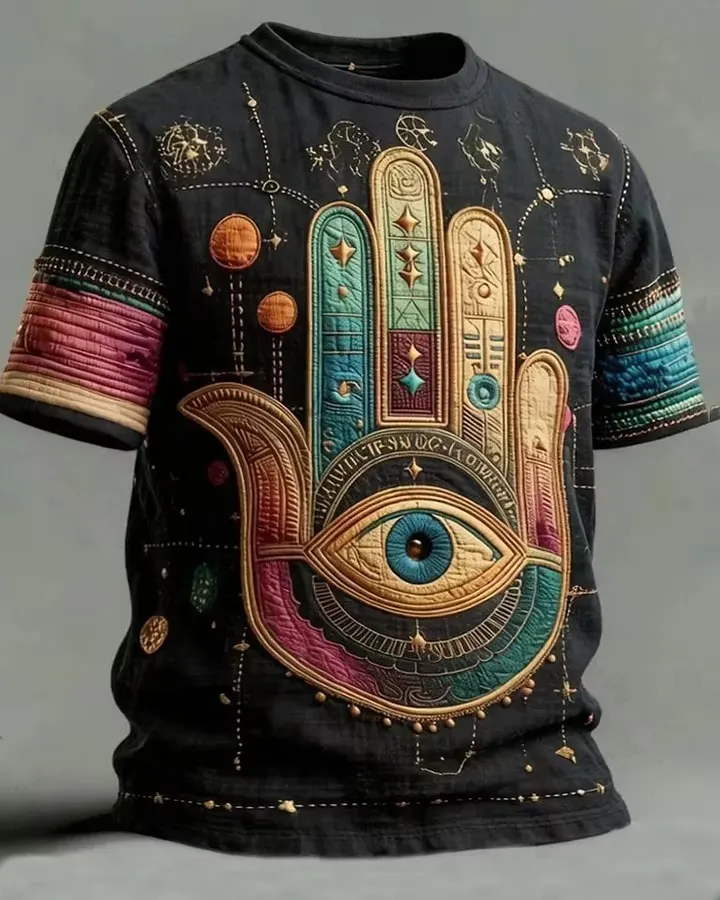 Men's Summer Style Star and Moon Print Embroidered Casual Fashion Linen Short-Sleeve Top 7325