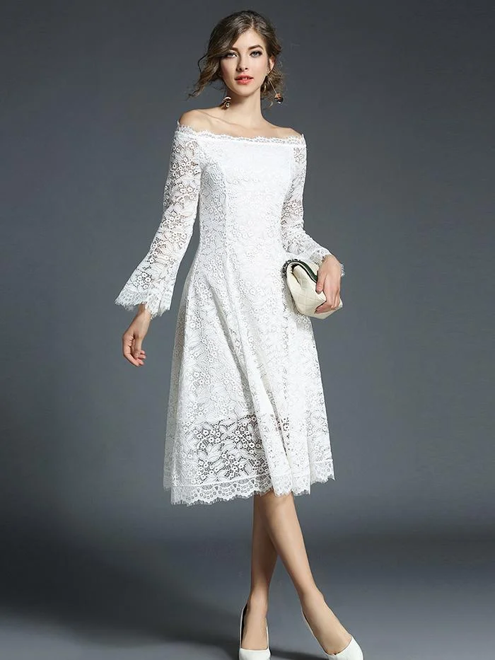 One-line collar, mid-sleeve, flared sleeve lace dress