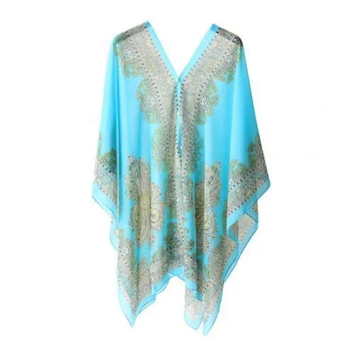 Women Summer Beach Bikini Cover Up Loose Chiffon Blouse Shawl Scarf with Button-s suitable for party holiday daily wear