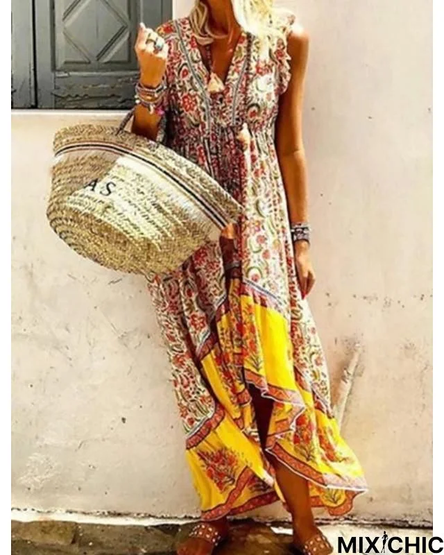 Women's A-Line Dress Maxi Long Dress Sleeveless Print Summer Casual Mumu Vacation Dresses Yellow