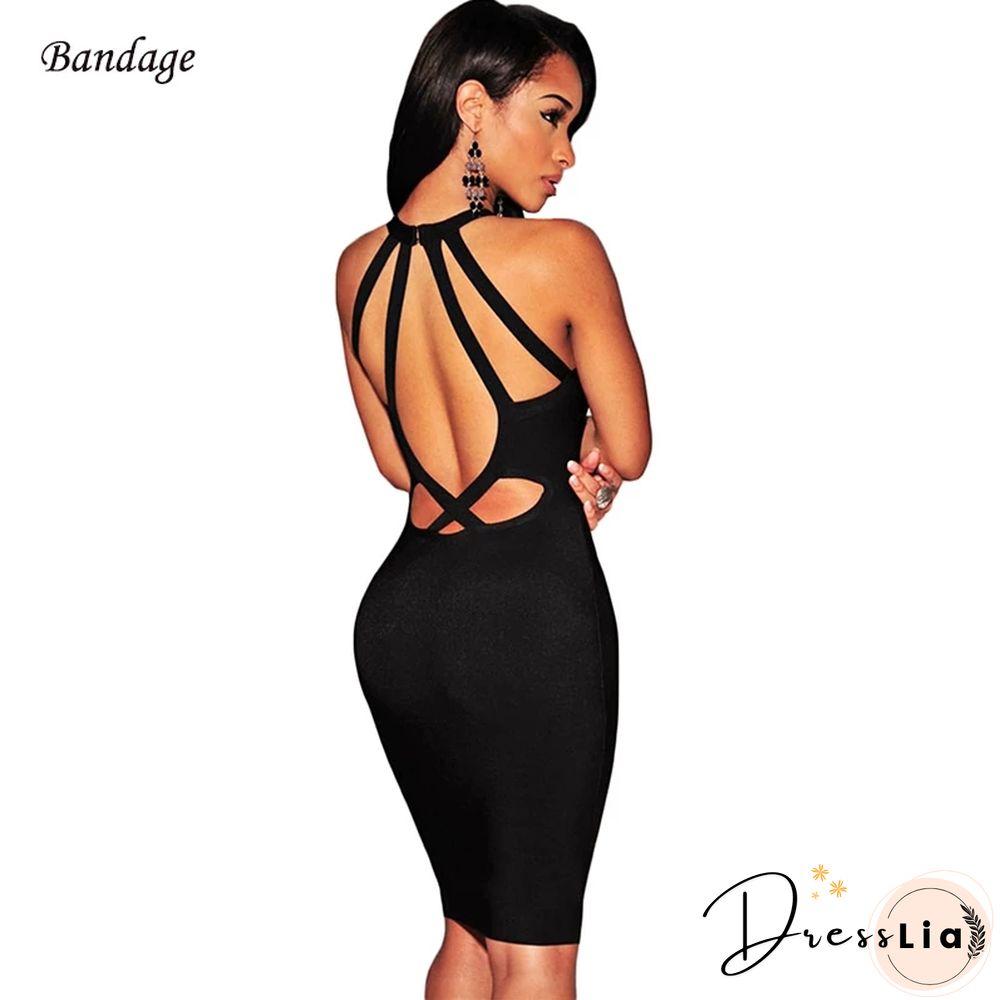 Party Women Dress Bandage Black Sexy Empire Hollow Out V-Neck Sleeveless Ladies Elegant Fashion Bodycon Dresses Vestidos Summer