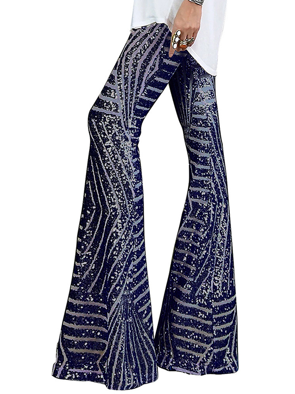Flared Pants High Waisted Contrast Color Striped Sequined Pants DEEP PURPLE-XL