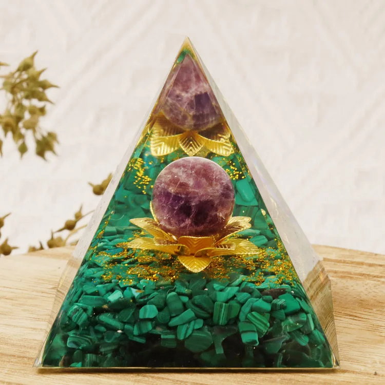 Amethyst Malachite Lotus Symbol Orgone Pyramid