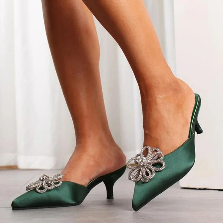 FSJ Green Satin Rhinestone Flower Pointed Toe Heeled Mules for Women |FSJ Shoes