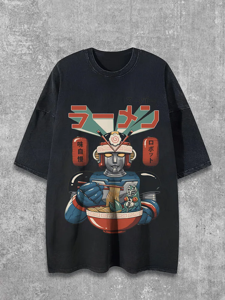 Men's Japanese Art Robot Ramen Print Cotton Washed T-Shirt