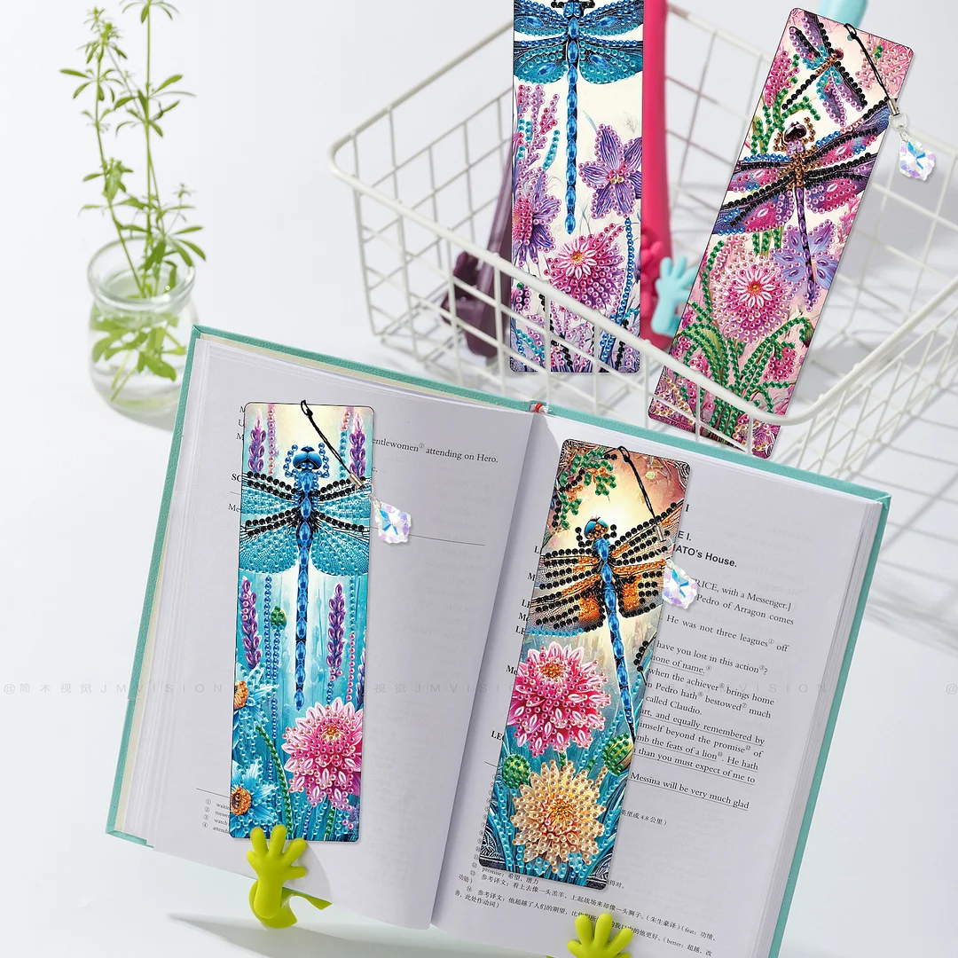 4Pcs Dragonfly Among Flowers DIY Diamond Bookmark Art Projects Irregular Shaped Diamonds Diamond Painting Art Bookmarks with Crystal Pendants for DIY Making Beginners Adult Art Craft Supplies