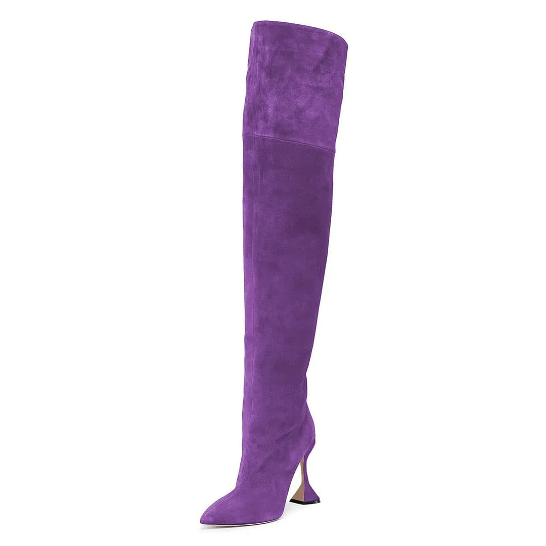 YDN Simple Purple Flared Heel Over The Knee Pointed Toe Boots