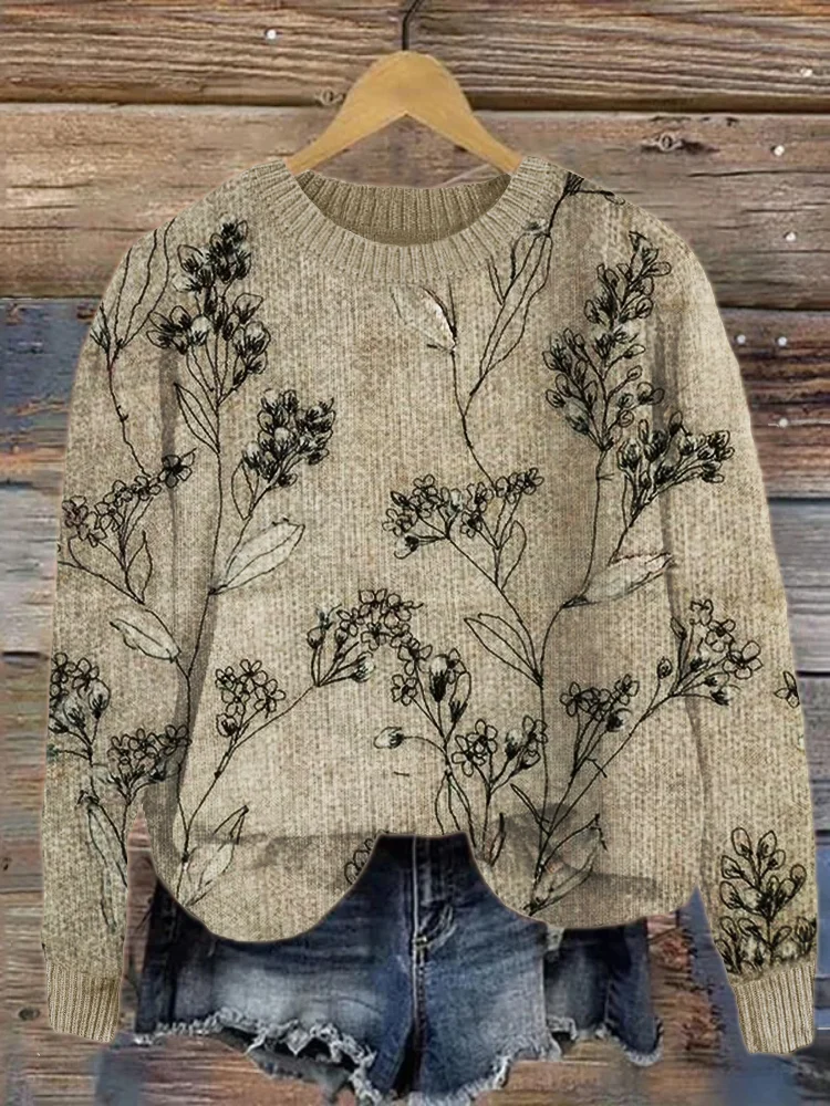 Comstylish Classy Floral Embroidered Fiber Art Knit Sweater