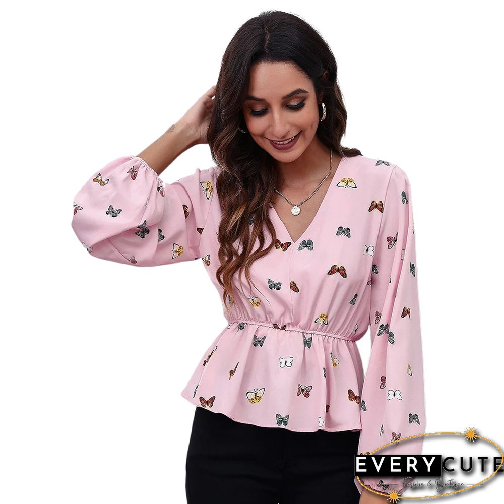 Pink Floral Print Slim Fit Lantern Sleeve Tops