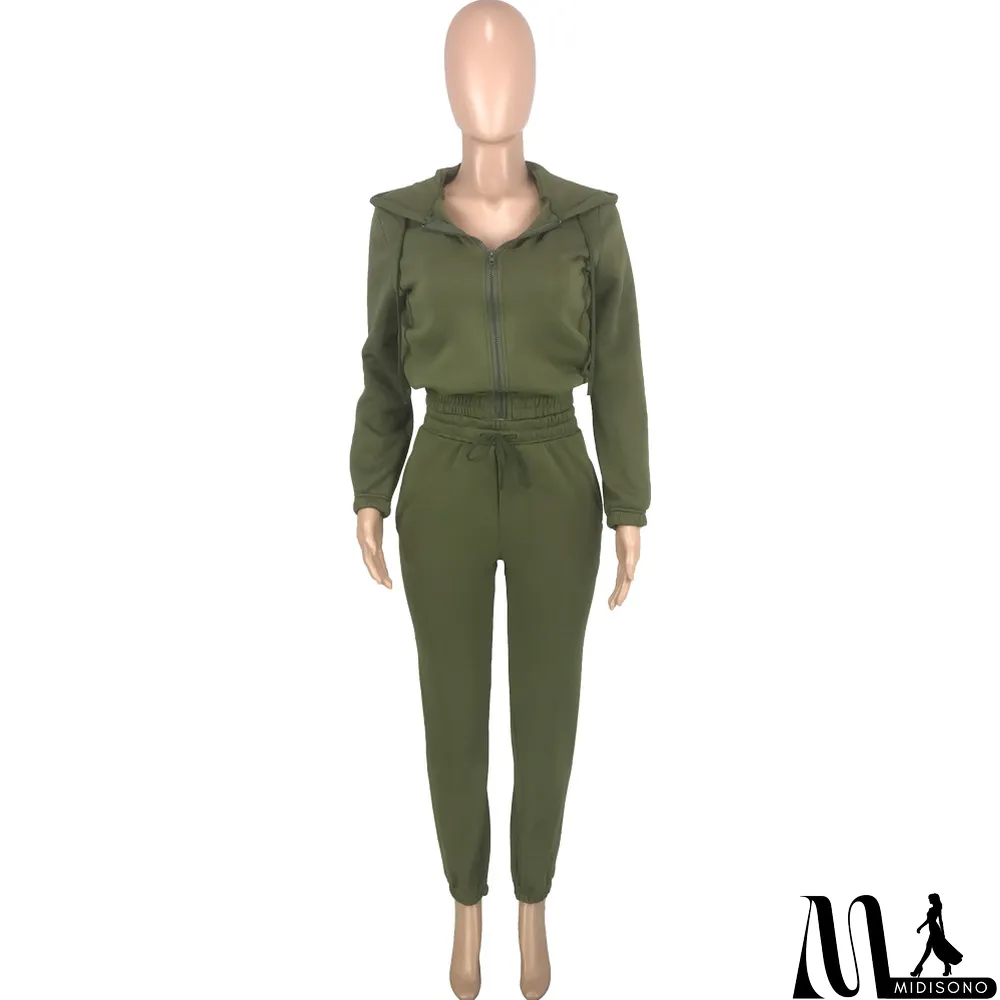 MidiSono - Plush Solid Tank Tops+Hooed Zipper Coat+Pants Sports Three Piece Set