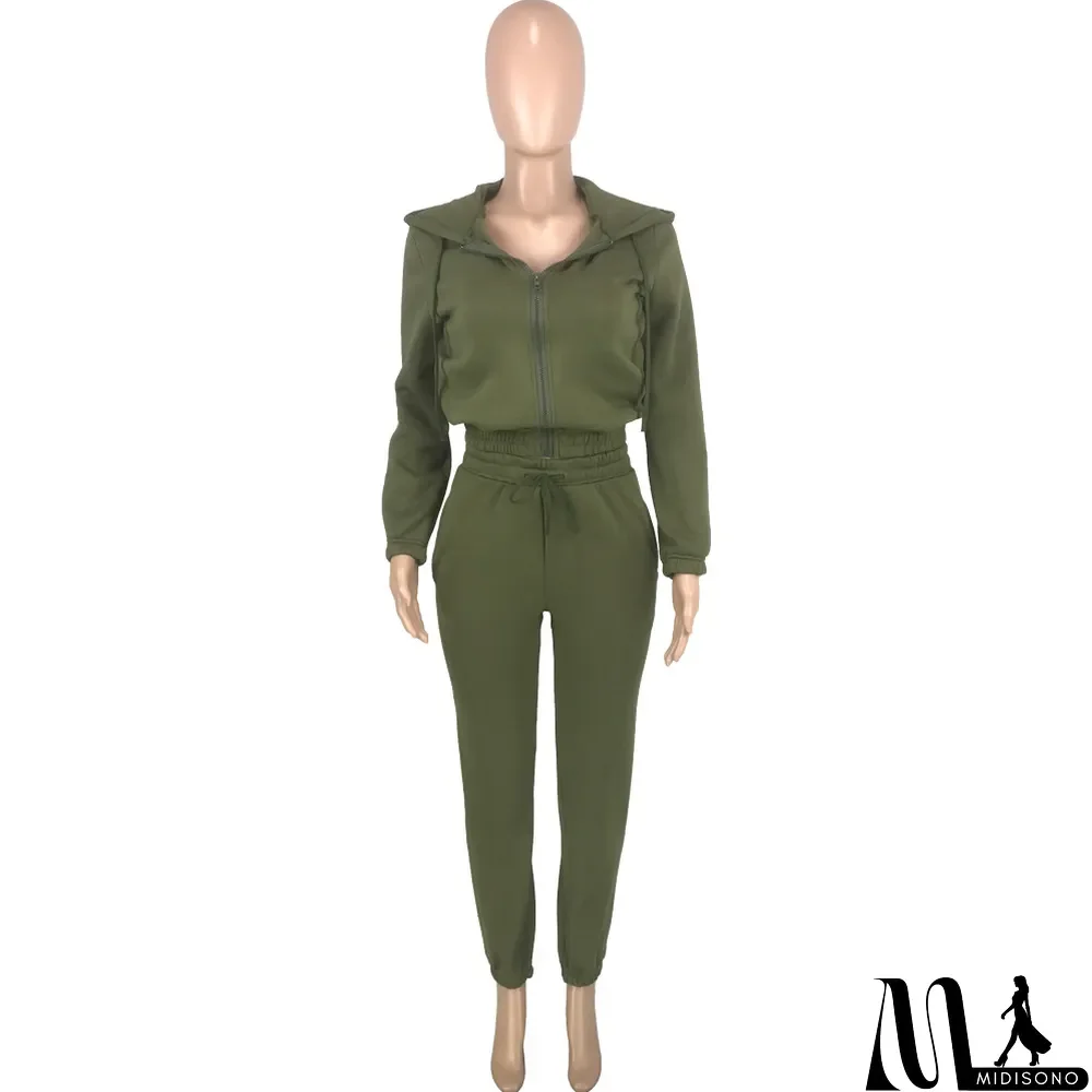 MidiSono - Plush Solid Tank Tops+Hooed Zipper Coat+Pants Sports Three Piece Set