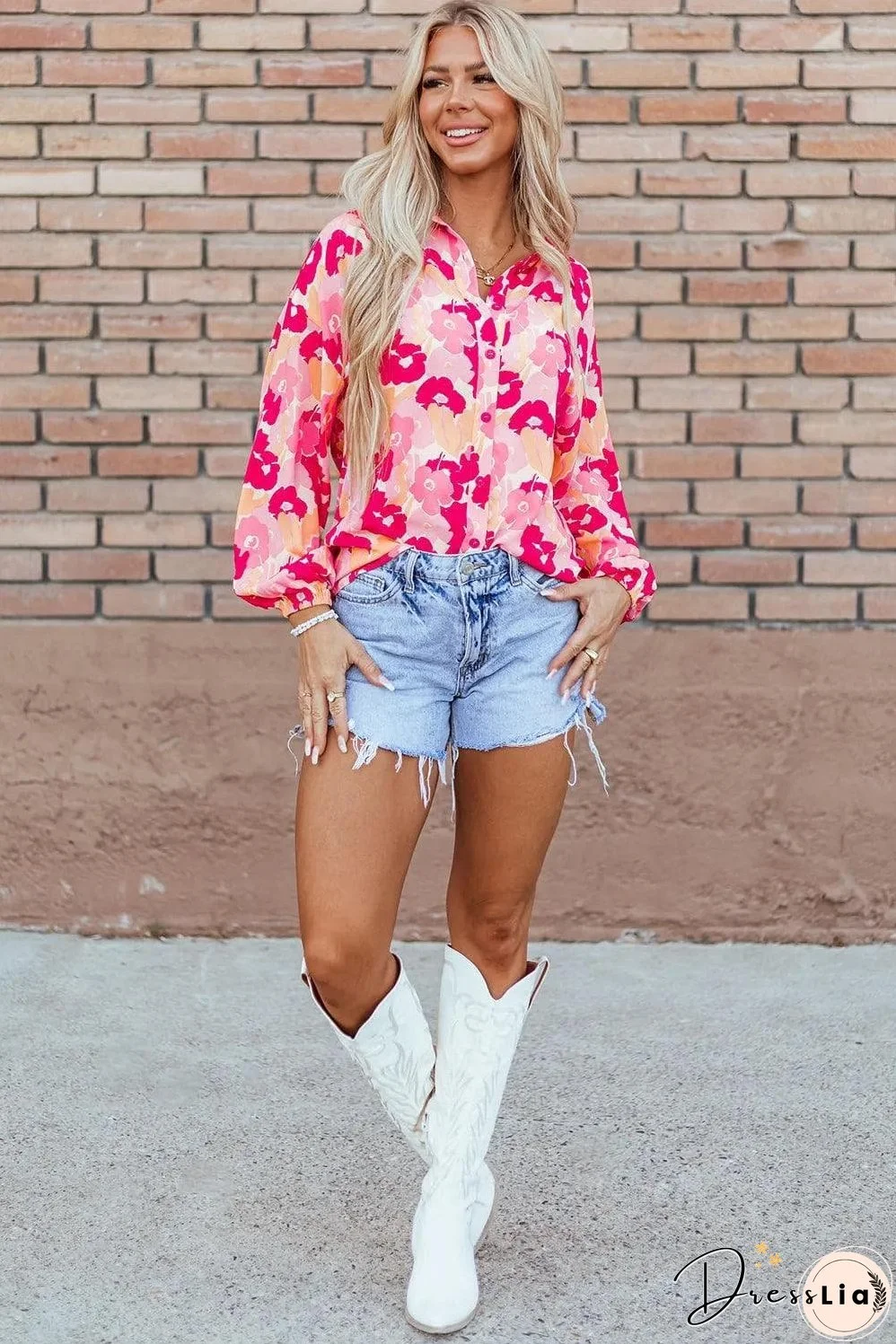 Pink Blooming Floral Print Puff Sleeve Buttoned Shirt