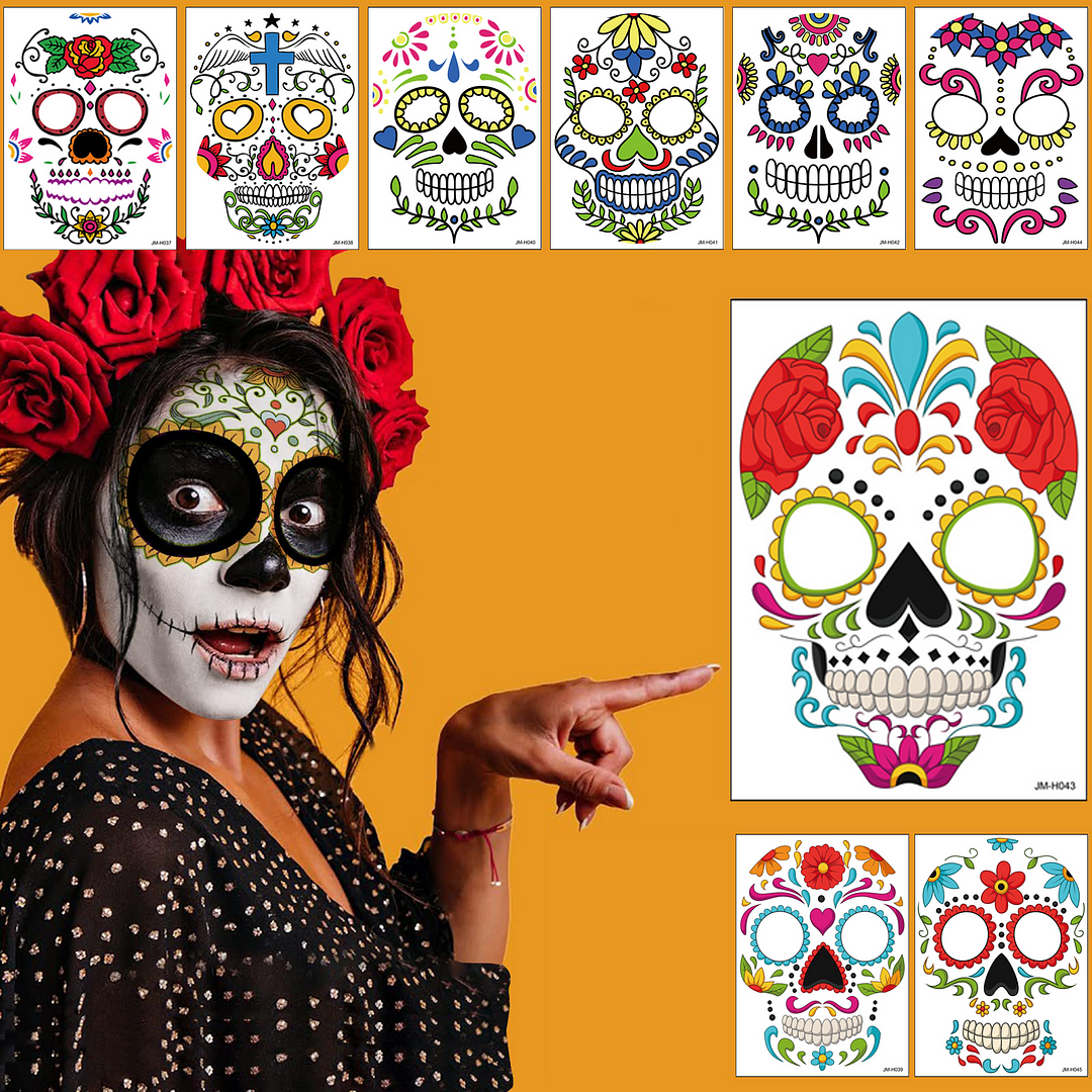 Day of the Dead Face Tattoos Makeup Kit 9 Pack Halloween Sugar Skull Red Roses Temporary Tattoos for Adults Women Men Kids