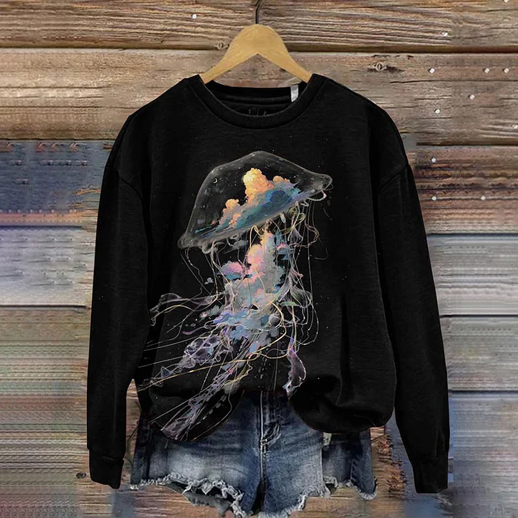 Comstylish Women Luminous Jellyfish Print Casual Long Sleeve Sweatshirt