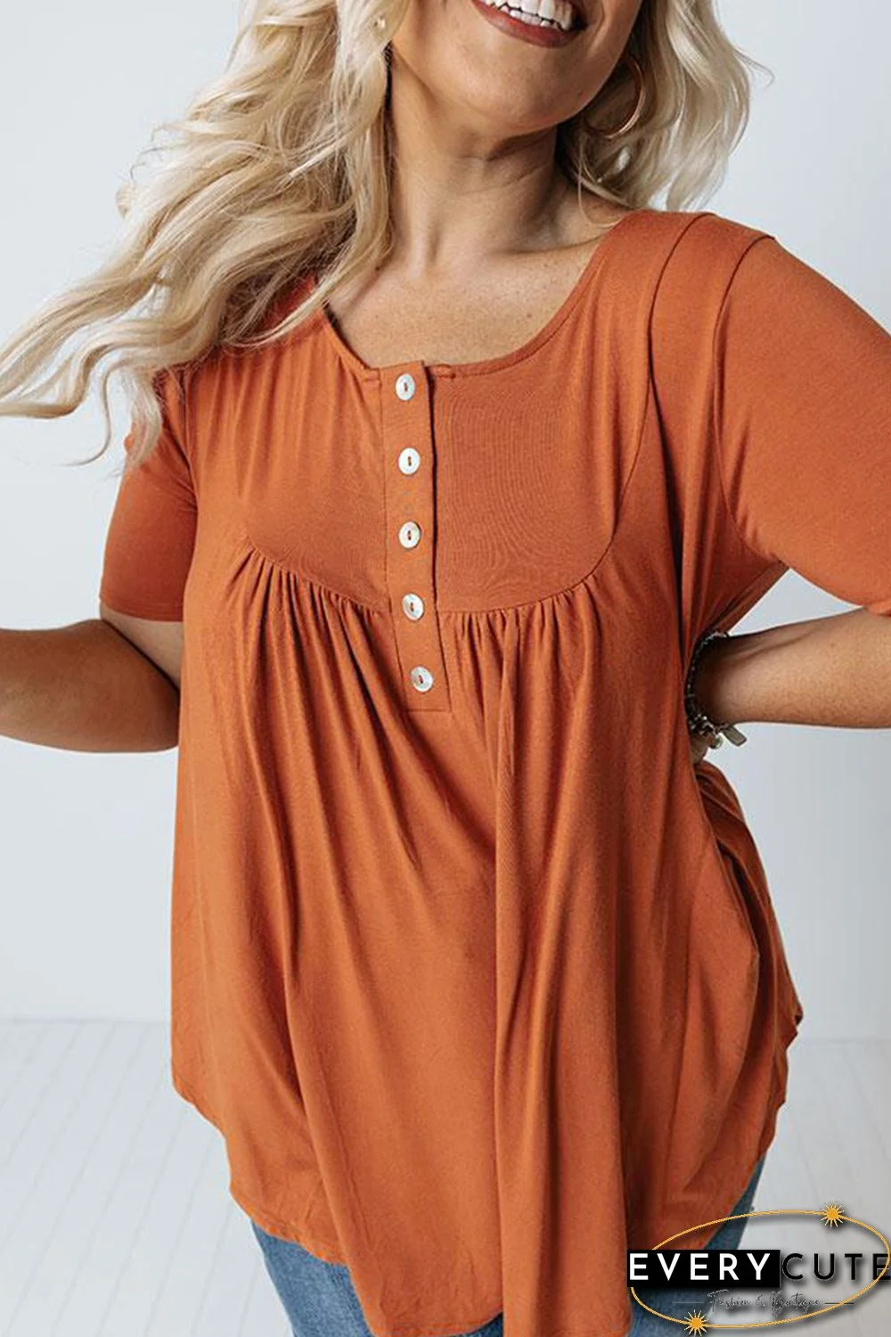 Orange Buttons Ruched O Neck Short Sleeve Plus Size Top