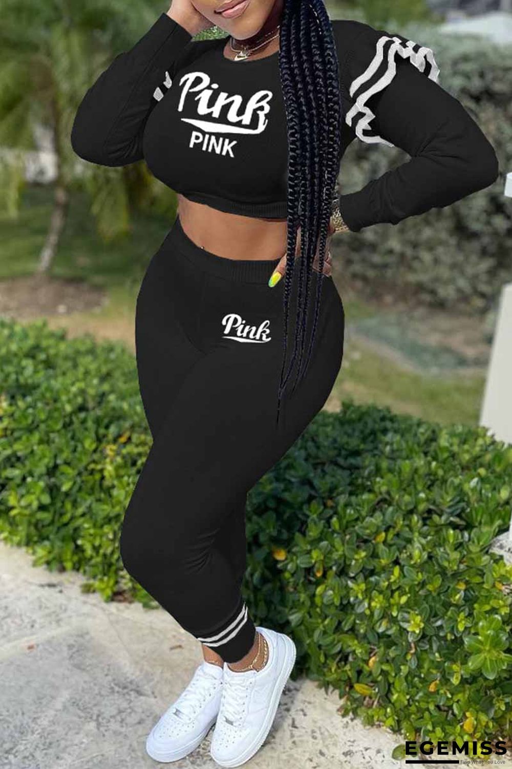 Black Casual Print Letter O Neck Long Sleeve Two Pieces | EGEMISS