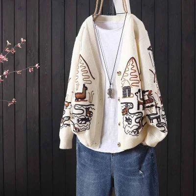 Autumn and winter jacket loose literary V-neck long-sleeved embroidery women's knitted cardigan retro sweater