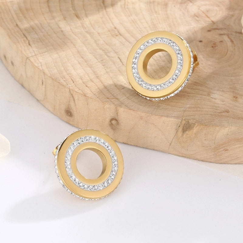 1 Pair Minimalist Round Solid Color Inlay Stainless Steel Crystal Rhinestones 18K Gold Plated Ear Studs