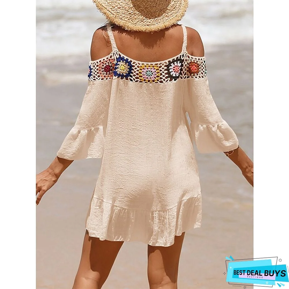 Women's Cover Up Beach Dress Beach Wear Mini Dress Ruffle Backless Ethnic Casual Floral Spaghetti Strap 3/4 Length Sleeve Loose Fit Outdoor Daily Black White 2023 Spring Summer One Size