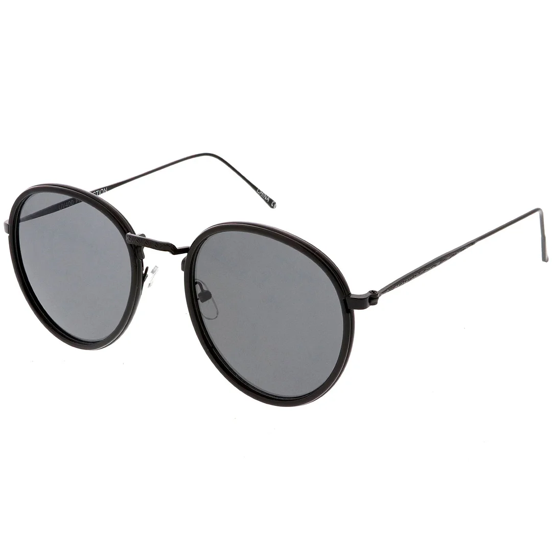 Modern Round glasses Engraved Slim Metal Arms Neutral Color Flat Lens