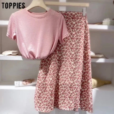 pornhint Pornhint Toppies Summer Cute Pink Set Women Two Pieces Set Casual Cotton Linen Slim T-shirts High Waist Skirts