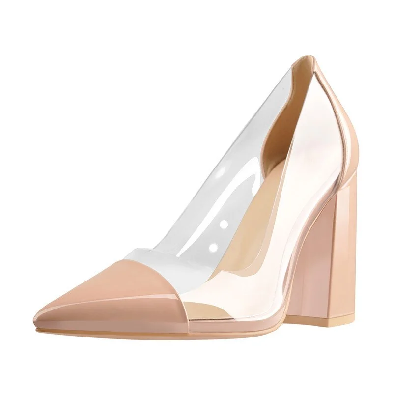 Onlymaker Women's Clear Slip-on Pumps Pointed Toe PVC Chunky Heel Cut-Out Simple Elegant 10CM High Heels Office Big Size Shoes