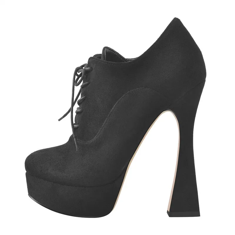 Onlymaker Women Platform Lace-Up Pumps Black PU Patent Leather Faux Suede Spike High Heels Shoes Office Lady Concise For Spring