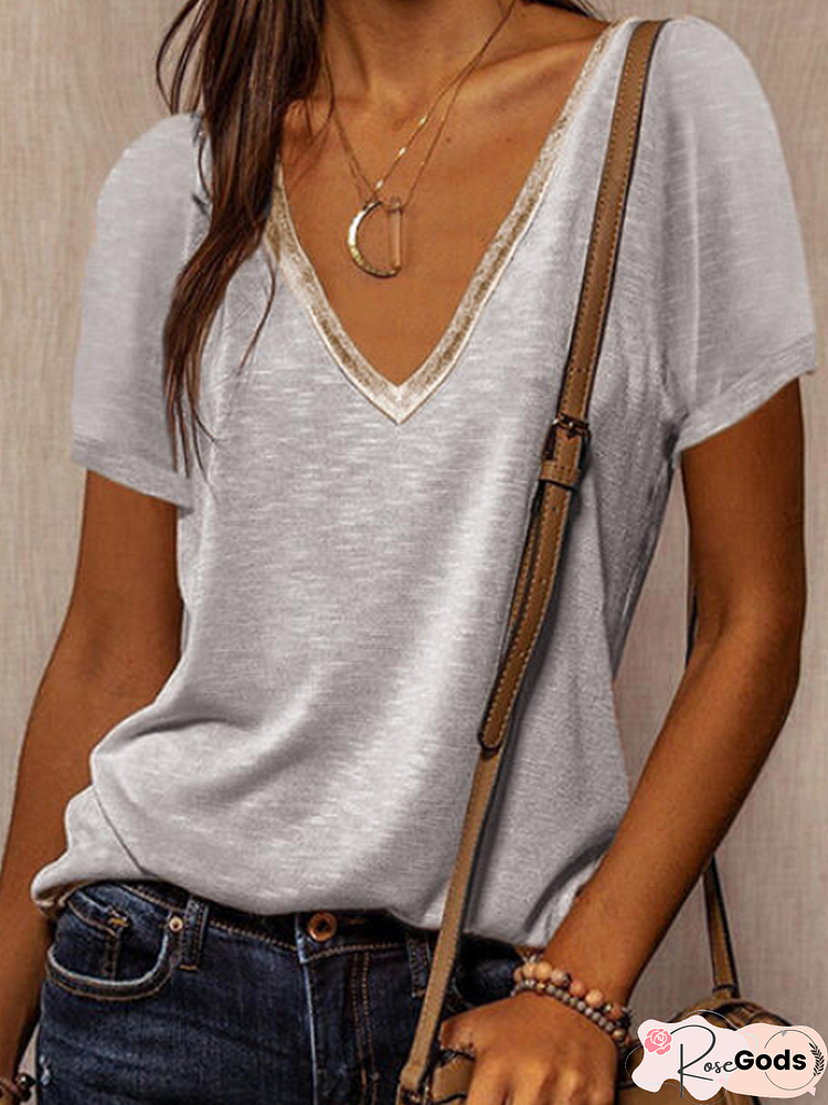 Short Sleeve Plain Shift V Neck T-Shirt