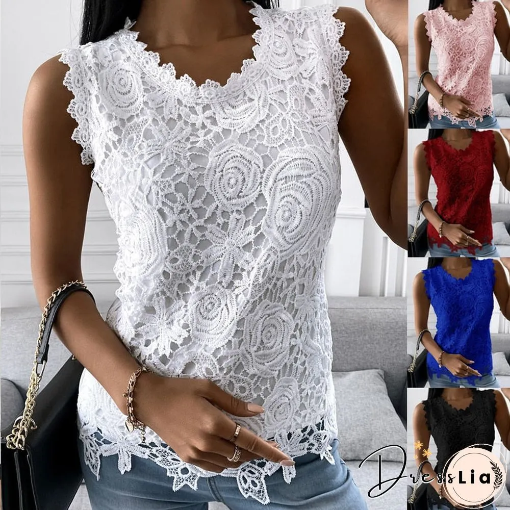 Womens sexy lace t-shirt summer fashion jacquard sleeveless slim casual tee y2k vintage