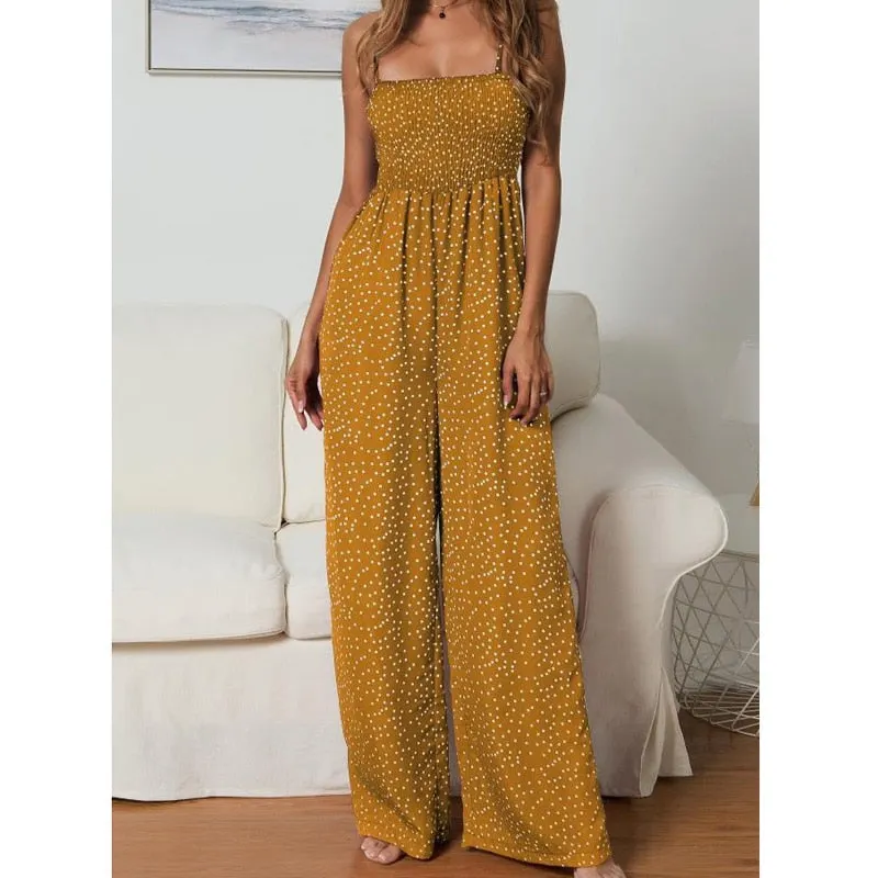 Lossky Rompers Womens Jumpsuit Polka-dot Print Bow-knot Straps Wide-leg Pants Jumpsuit Boho Chi Loose Long Red Summer Jumpsuits