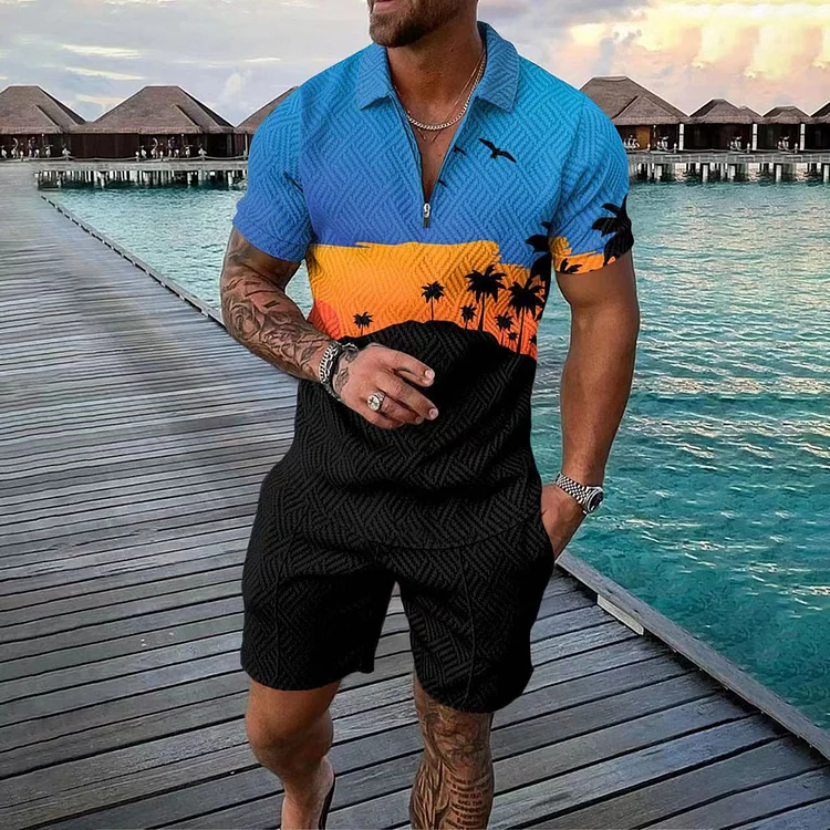 BrosWear Blue Shadow Sunset Print Polo Shirt And Shorts Co-Ord