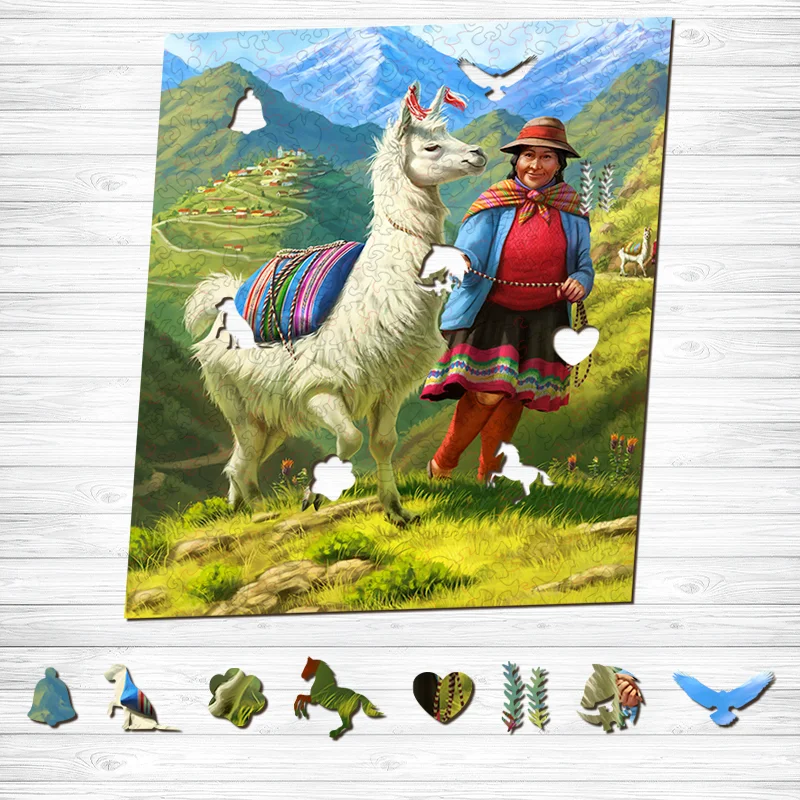 Jeffpuzzle™-JEFFPUZZLE™ Peruvian Woman with Alpaca Wooden Puzzle