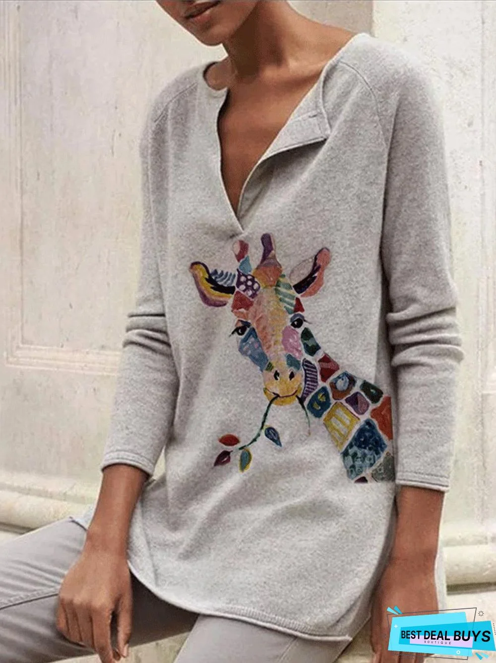 Round Neck Fawn Print Casual Long-Sleeved T-Shirt