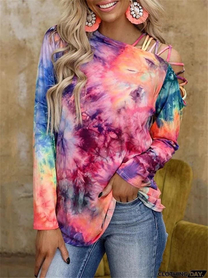 Stylish Stitch Detailing One Shoulder Cutout Tie-Dye Long Sleeve Shirt