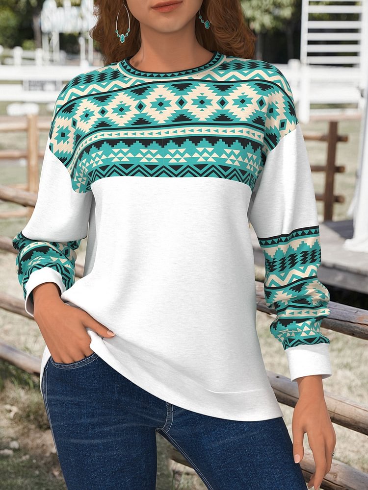 Aztec Geometric Print Round Neck Long Sleeve Sweatshirt