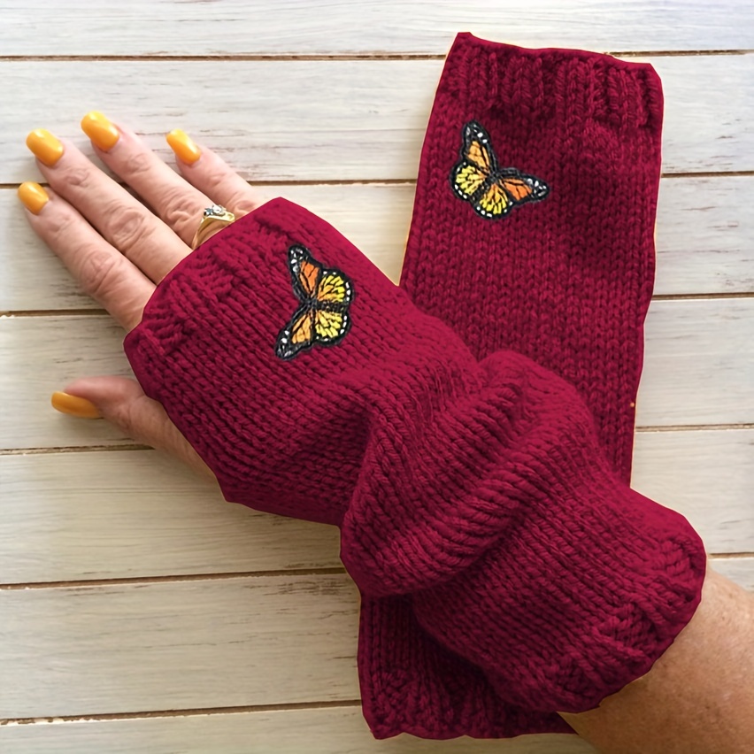 Solid Color Stretch Knit Gloves Half Finger Butterfly Embroidery Decor Gloves Winter Fingerless Warm Women's Gloves