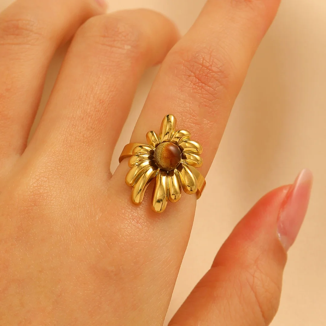 Turquoise/Tiger Eye Gold-Plated Open End Ring