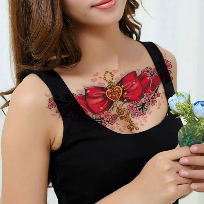 REALISTIC TEMPORARY TATTOO - BIG RED BOW, HEART, DAISIES - WOMENS, KIDS FAKE