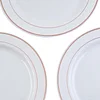 10 Pack | 10" Très Chic Rose Gold Rim White Plastic Dinner Plates, Disposable Party Plates