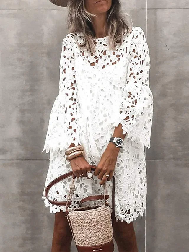 Women's Sheath Dress Short Mini Dress White Long Sleeve Solid Color Lace Hollow to Waist Spring Summer Round Neck Elegant Mumu Vacation Dresses Flare Cuff Sleeve White Dresses