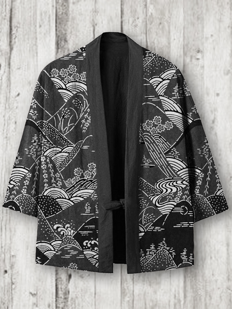 menweary Mountains Landscape Japanese Pattern Linen Blend Kimono Cardigan
