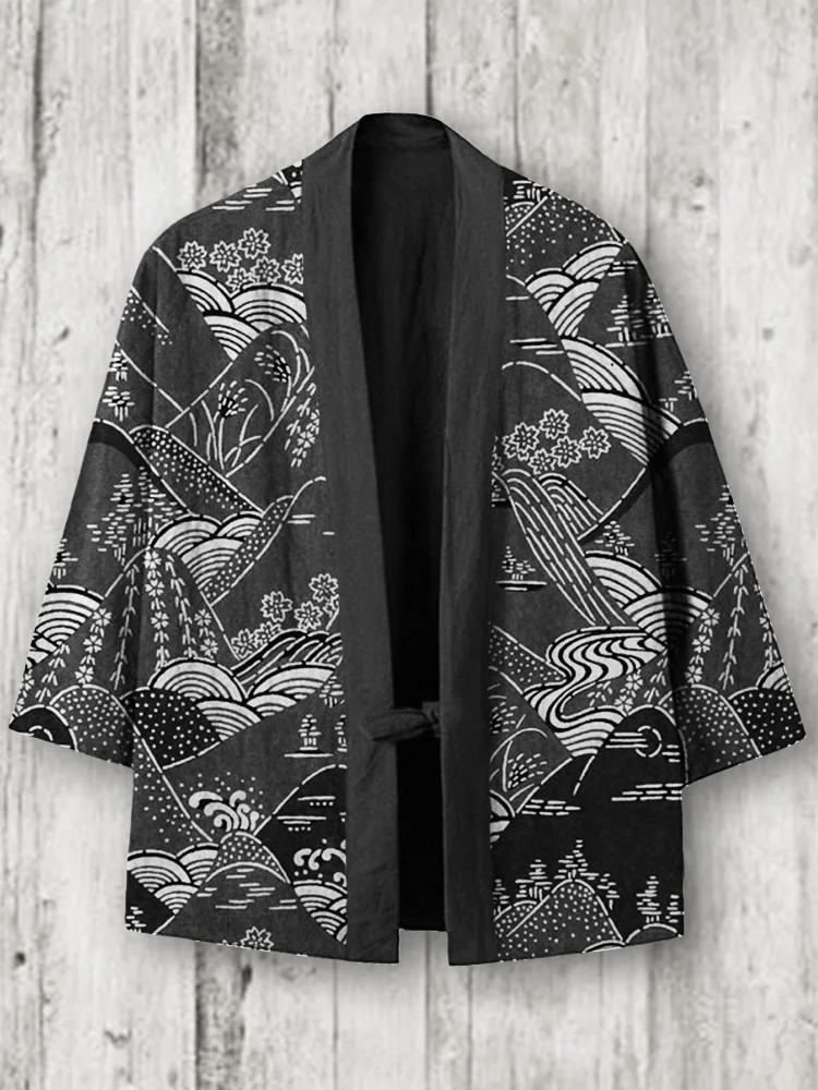 Mountains Landscape Japanese Pattern Linen Blend Kimono Cardigan