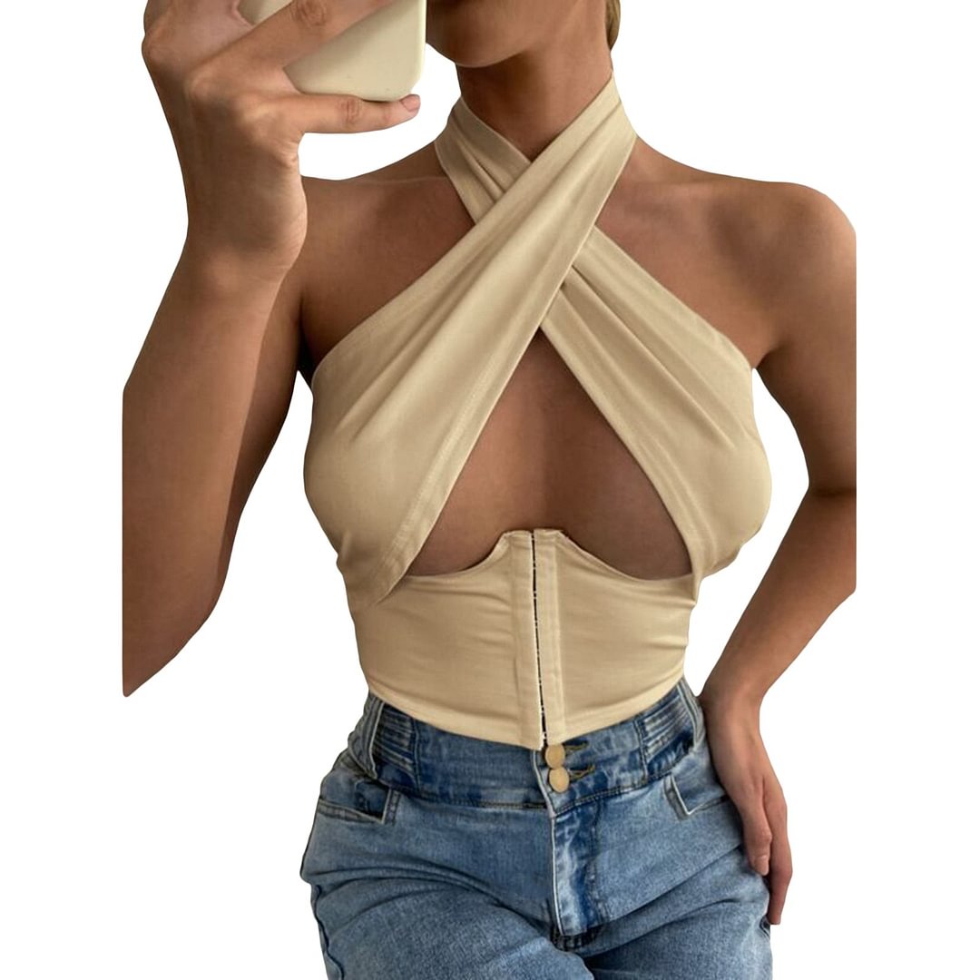 wsevypo Women Sleeveless Halter Cross Bandage Crop Tops Sexy Summer Solid Color Cutout Front Bustier Tops Backless Wrapped Tanks