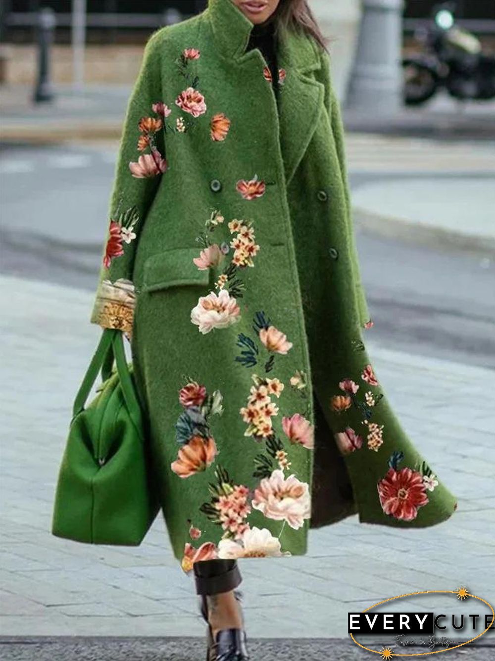 Notched Lapel Green Flower Pattern Coat
