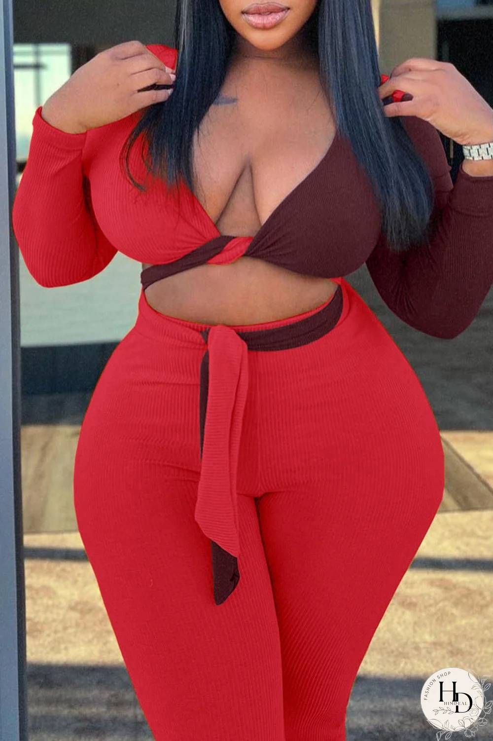 Tangerine Red Sexy Solid Bandage Split Joint V Neck Plus Size Two Pieces