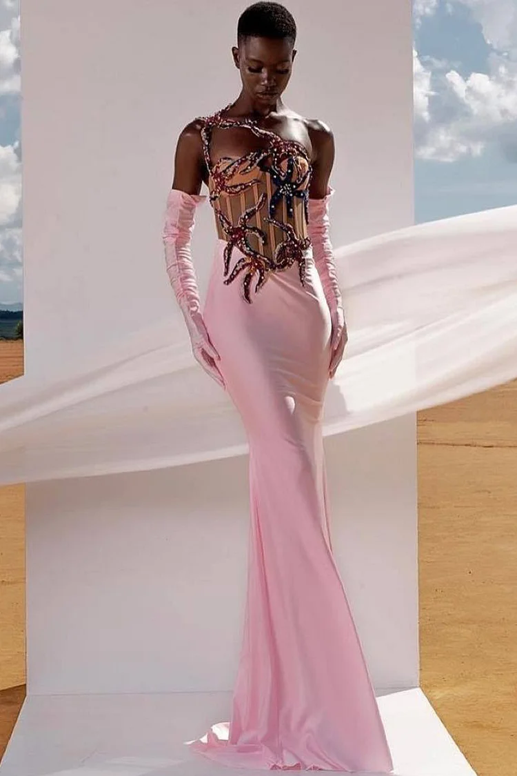 Rhinestone Embellished One Shoulder Long Gloves Satin Maxi Dress-Pink