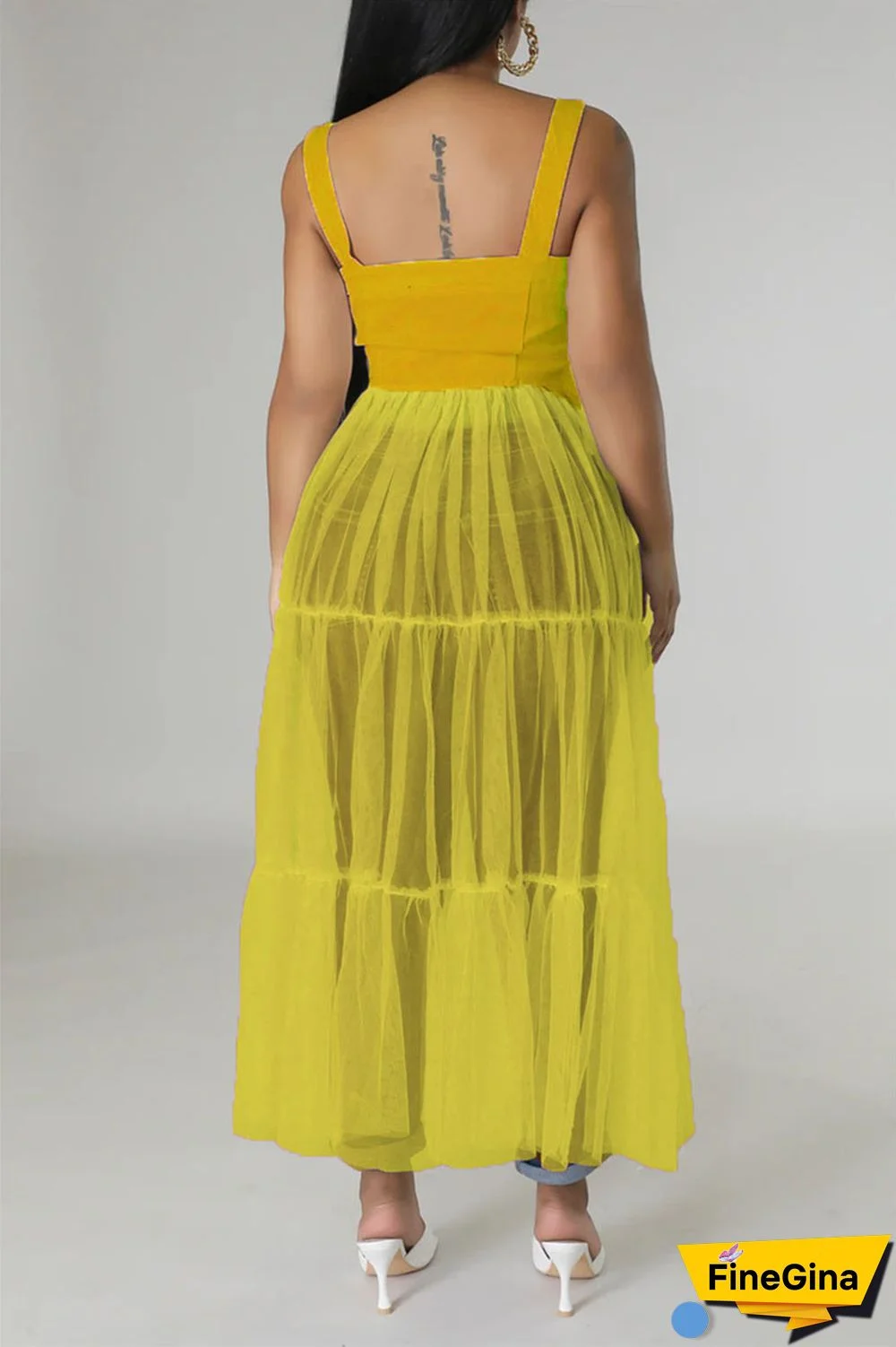 Black Casual Simplicity Solid Patchwork Fold Mesh Spaghetti Strap High Waist Tops