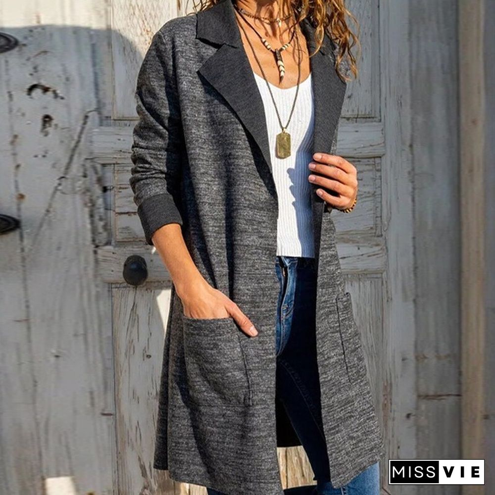 Lady Autumn Turn-down Collar Overcoat Casual Fashion Long sleeve Gray Midi coat Jacket