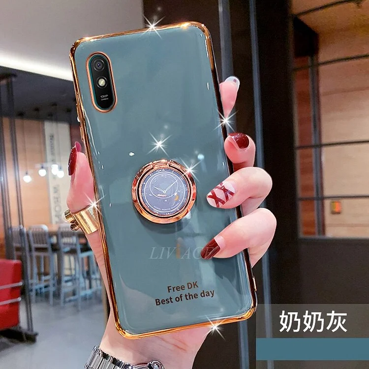 Ring Holder Soft Silicone Phone Case On For Xiaomi Redmi 9A 9AT Redmi9A Stand Luxury Plating Gold Bumper Back Cover Funda Shell