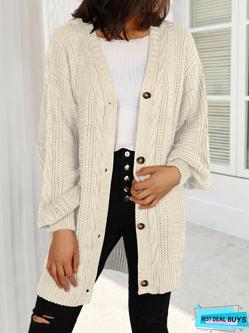 Solid Color V-Neck Lantern Sleeve Cardigan Sweater